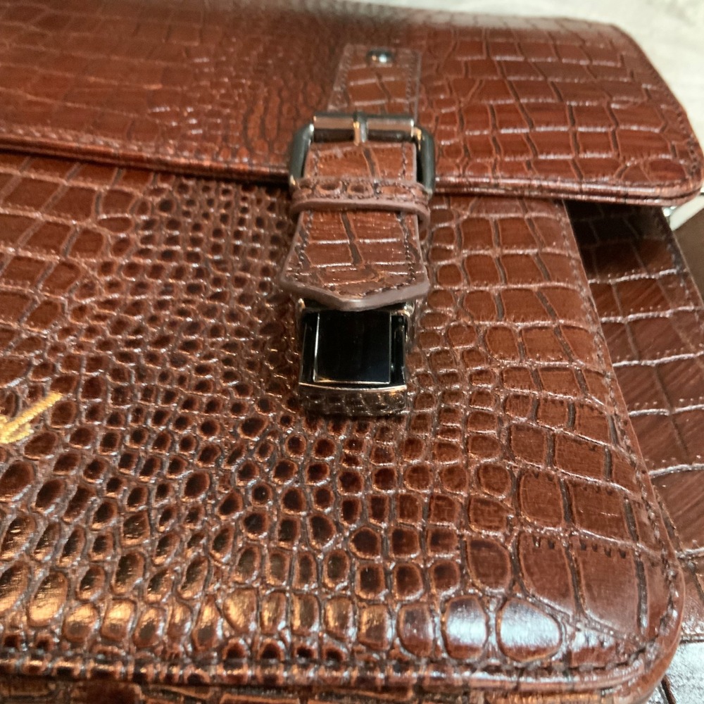 Rocky Patel Mens Brown Croc Embossed Leather Messenger Bag Briefcase Satchel - Picture 12 of 12